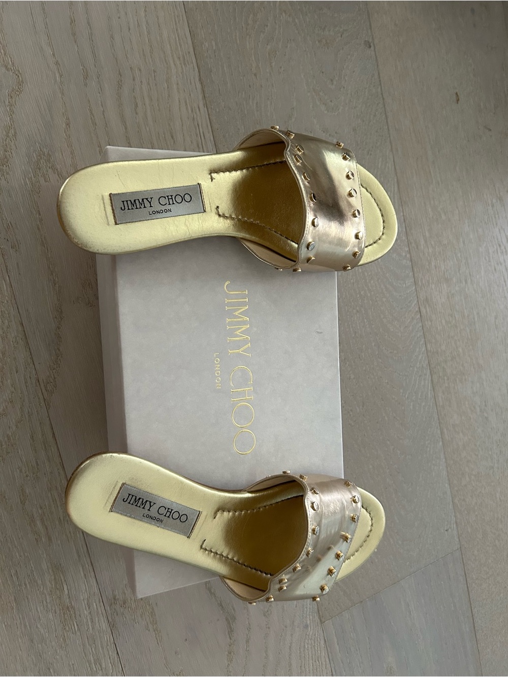 Jimmy Choo Metallic Gold Studded Slide Sandals